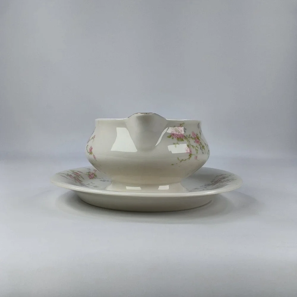 Theodore Haviland New York Pink Spray Gravy Boat Attached Underplate Gold Trim